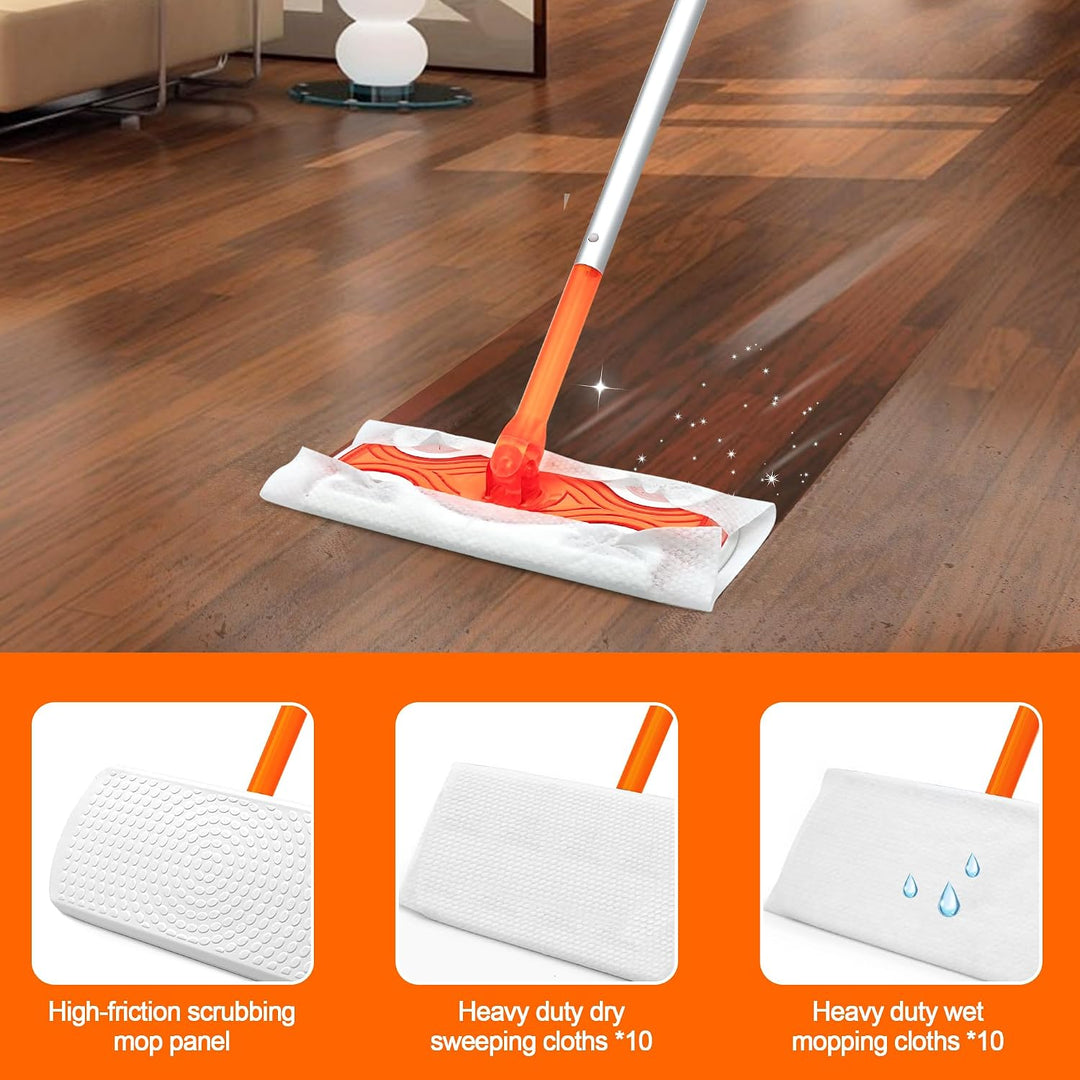 JEHONN Bodenwischer Nass für Swiffer Pads, 2-in-1 Wet Dry Starterset, Feuchte Bodentücher mit 10 Tro