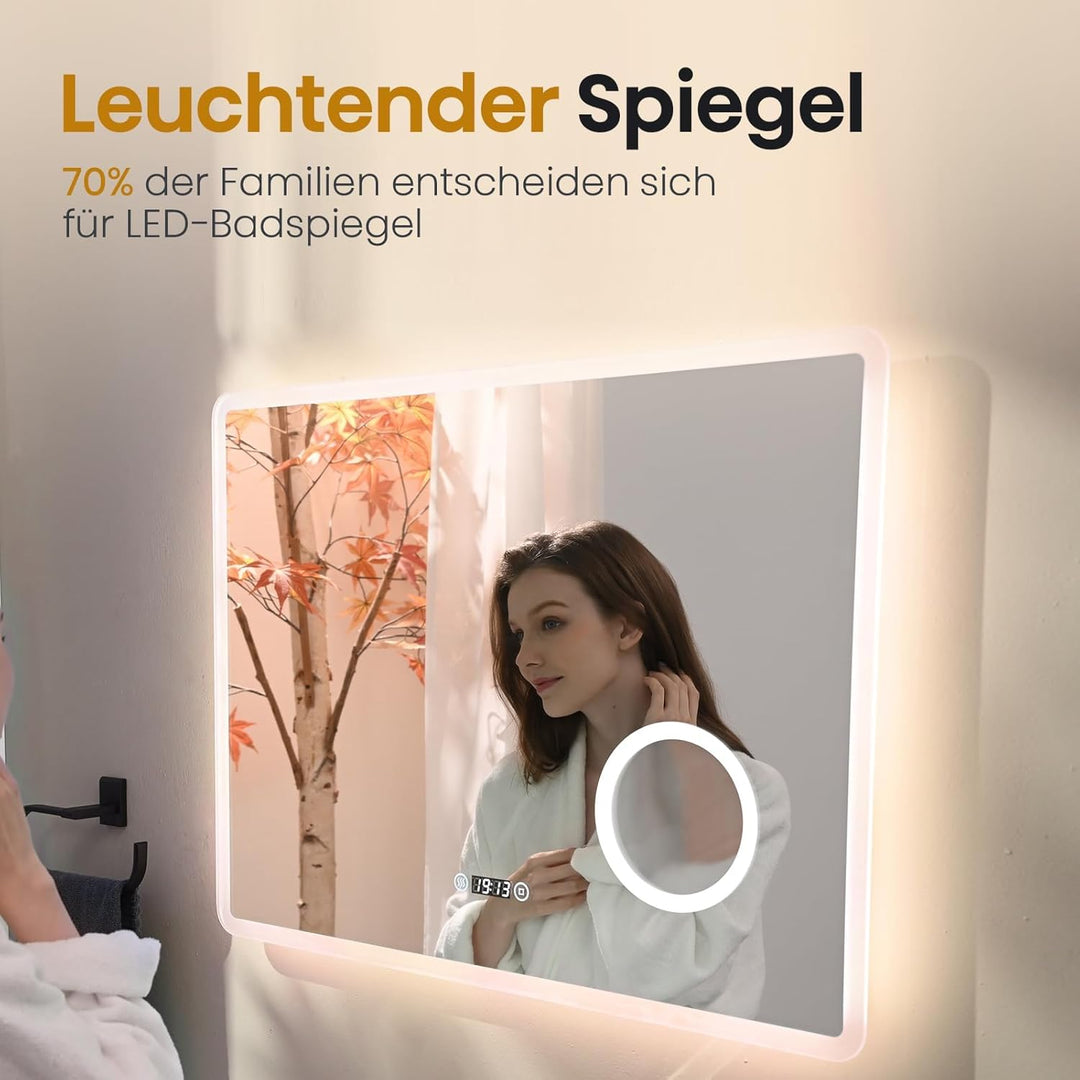 EMKE® 7 in 1 LED Badspiegel 80x60cm Badspiegel mit Beleuchtung 3000K/4000K/6500K Touch+Dimmbar+Besch