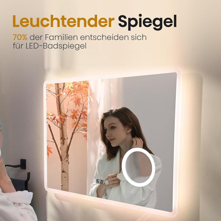 EMKE® 7 in 1 LED Badspiegel 80x60cm Badspiegel mit Beleuchtung 3000K/4000K/6500K Touch+Dimmbar+Besch