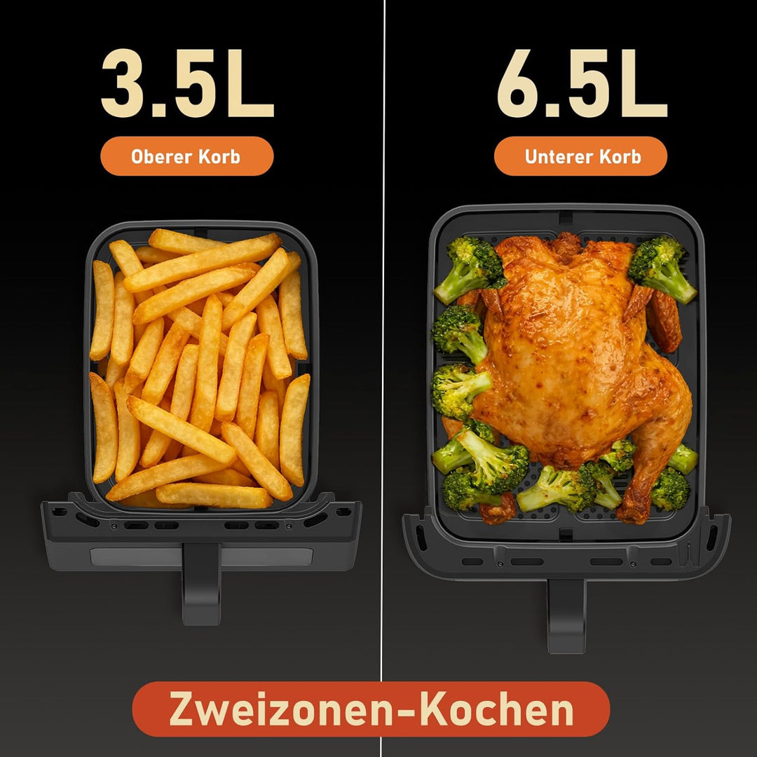Heissluftfritteuse 2 Kammern, 10L Airfryer (3.5+6.5L) 10-in-1 vertikale Doppelkammer mit Dual & Sync