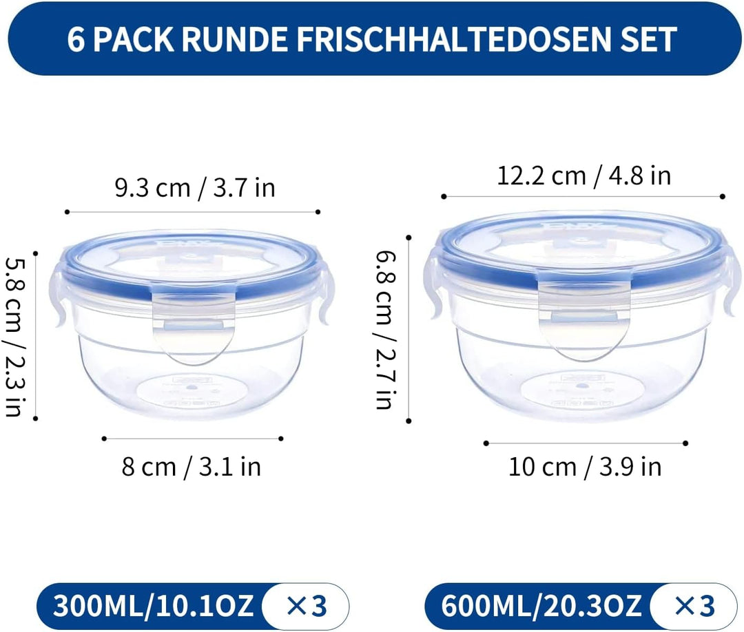 EASYLOCK Frischhaltedosen mit Deckel Rund 6er-Set 0,3L 0,6L BPA-frei Kunststoff Gefrierdosen Klein,