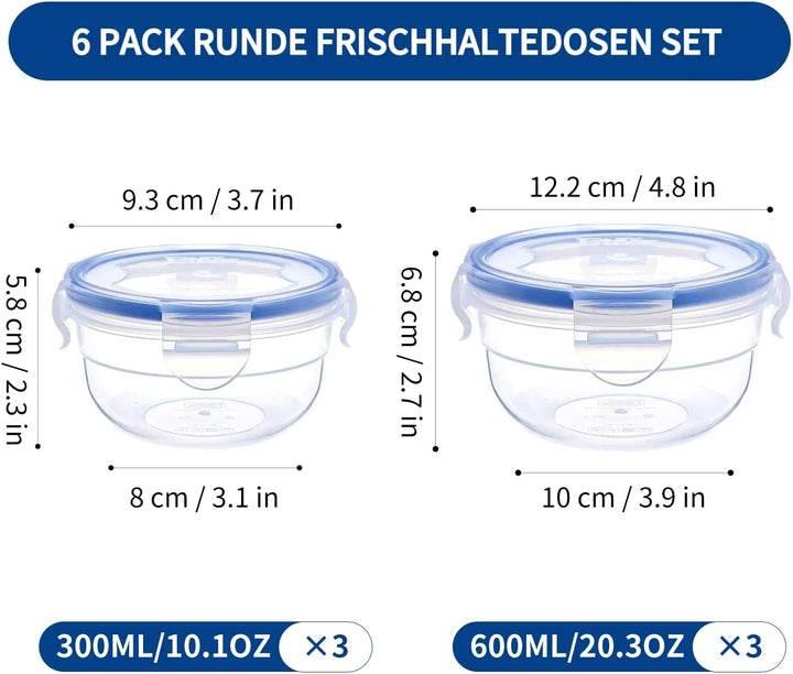 EASYLOCK Frischhaltedosen mit Deckel Rund 6er-Set 0,3L 0,6L BPA-frei Kunststoff Gefrierdosen Klein,