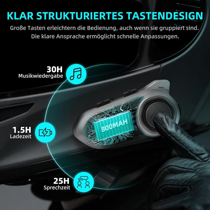 R18 Lite Motorrad Headset,intercom Motorrad für 2 Personen in Reichweite von 800m,Motorrad kommunika