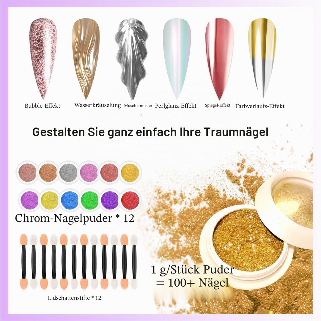 BISHENGYF 12 Chrom Glitzer Pulver, Spiegel Effekt Chrome Pigmente für Nagelkunst und Nageldesign Sta