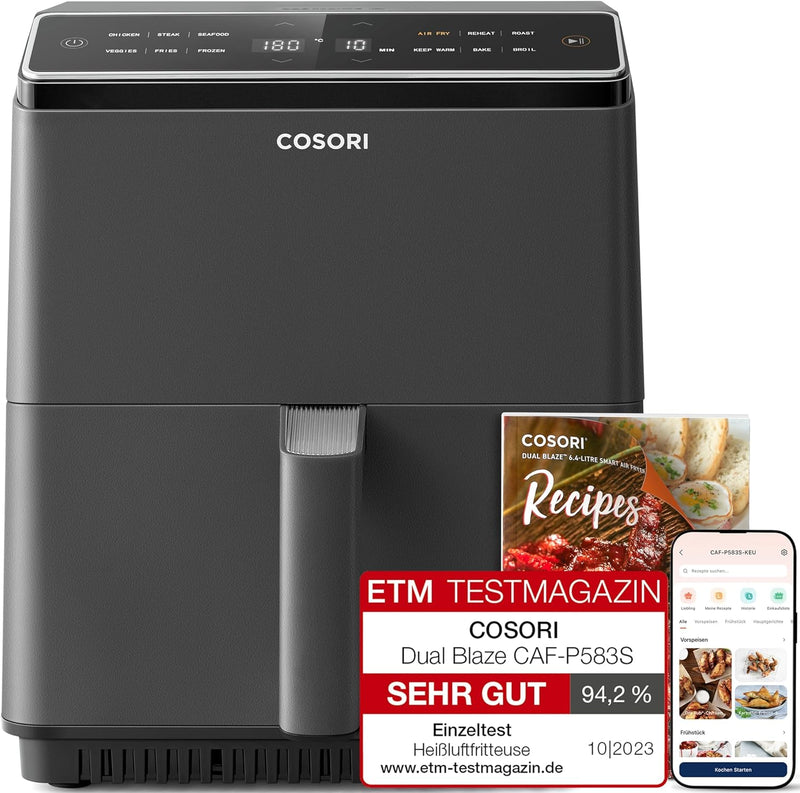 COSORI Heissluftfritteuse mit Dual Blaze Tech, 6,4 Liter Smart Airfryer mit Full Touch Screen, 12 Mu