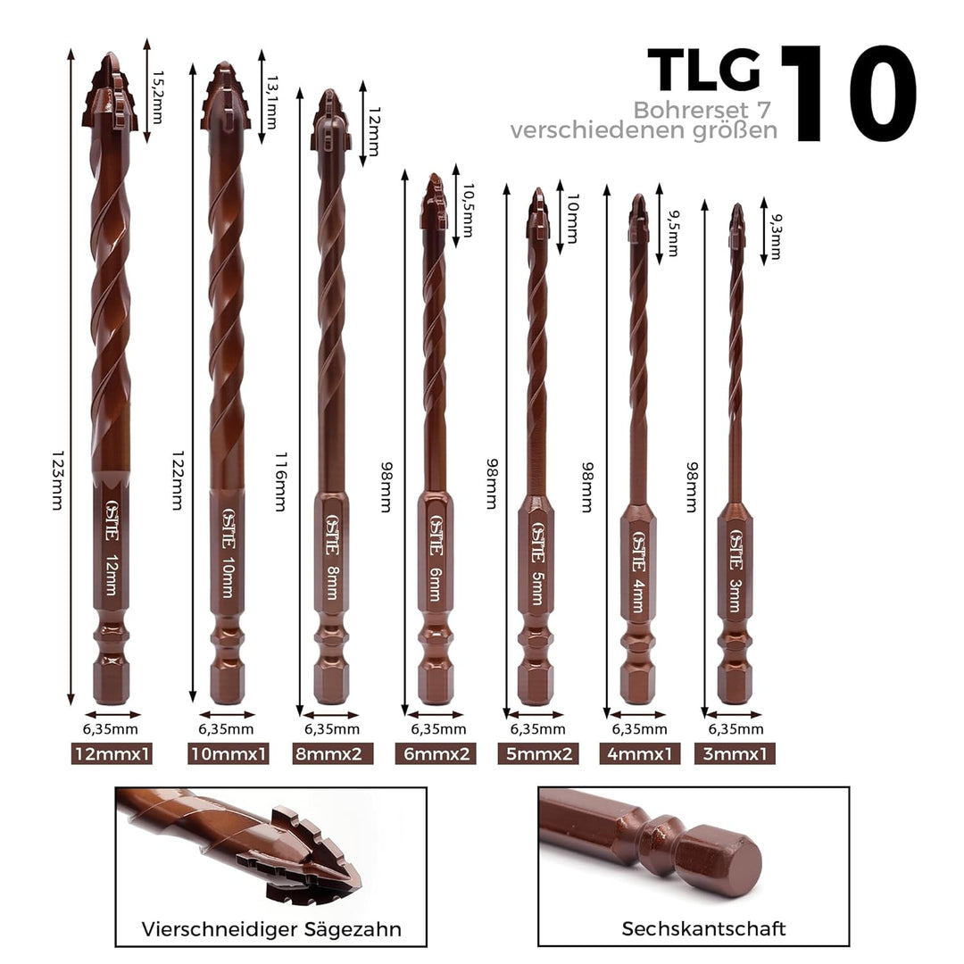 Fliesenbohrer Set 10 tlg, Steinbohrer Set mit Kobalt, Glasbohrer set 3-12mm, 6,35 mm Sechskantschaft