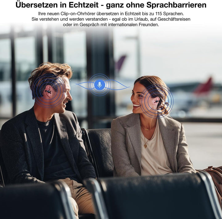 auvisio Headset: 2er-Set Clip-on-Ohrhörer & KI-Echtzeitübersetzer für 115 Sprachen, App (Echtzeit-Üb