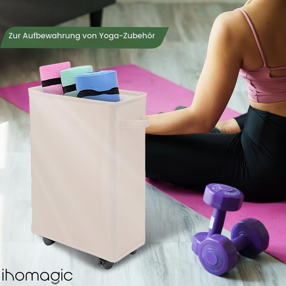 IHOMAGIC 40L Wäschekorb mit Rädern, Faltbarer Wäschesammler mit Rollen, Schmal Rechteckiger Wäschebe