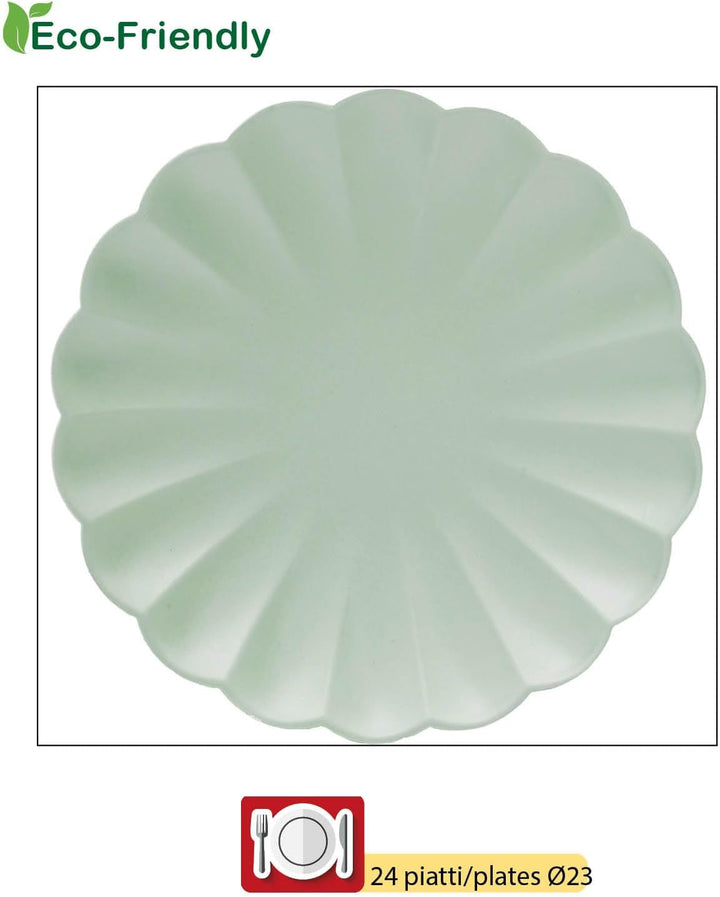 Ciao - Party Tableware Set Flower Shape for 24 People (112 pcs: 24 Plates Ø23cm, 24 Plates Ø18cm, 24