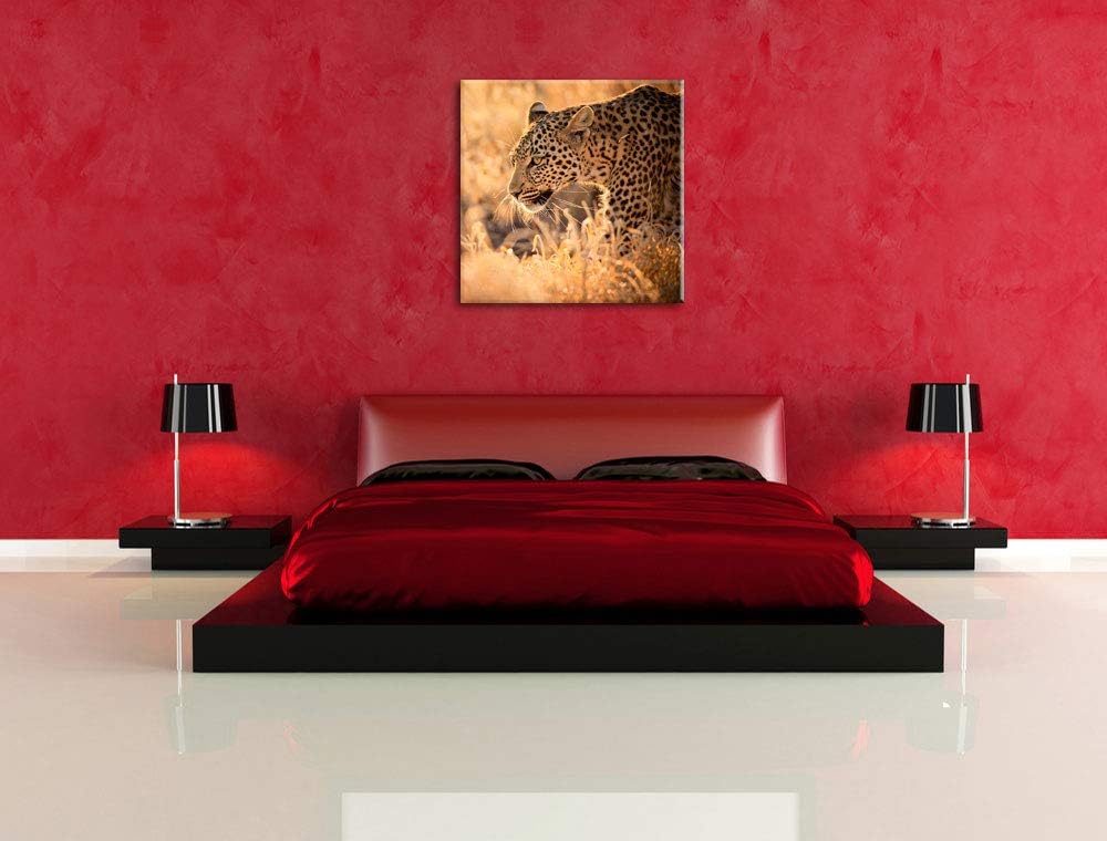 Jagender Leopard, Format: 70x70 auf Leinwand, XXL riesige Bilder fertig gerahmt mit Keilrahmen, Kuns