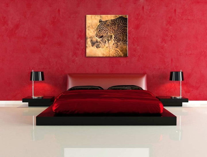 Jagender Leopard, Format: 70x70 auf Leinwand, XXL riesige Bilder fertig gerahmt mit Keilrahmen, Kuns