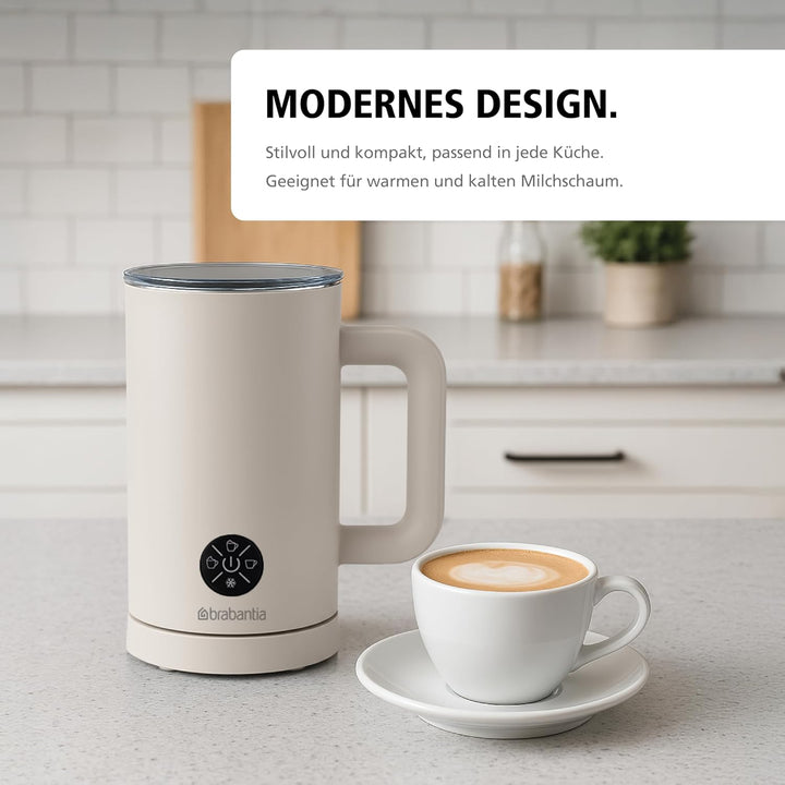 Brabantia Elektrischer Milchaufschäumer, 500 Watt, 300 ml, 4-in-1, BPA-frei, Warm & Kalt, 4 Stufen,