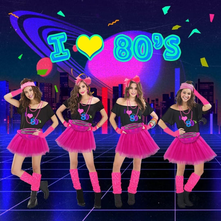 80er Jahre Outfit Damen Set, T-Shirt, Tutu, Gürteltasche, Stirnband, Ohrring, Halskette, Netzhandsch