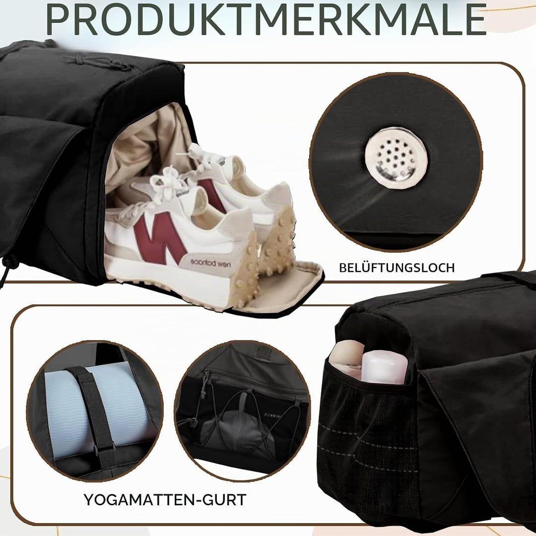 Gym Tasche Damen, Yogatasche mit Schuhfach, Nassfach and Wasserflaschenhalter, Sporttasche Fitnessta