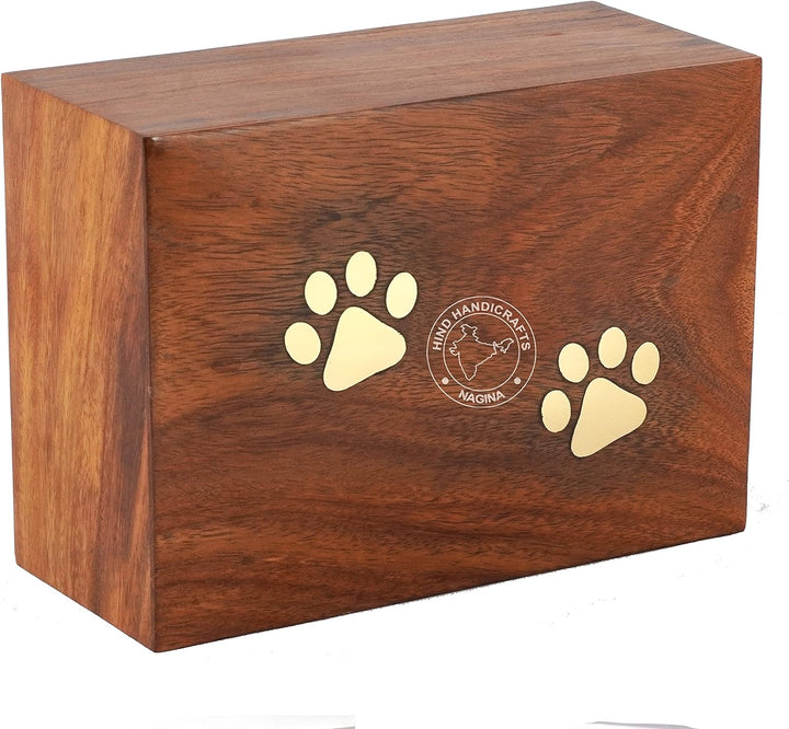 Hind Handicrafts Urne für Hunde und Katzen, mit eingelegtem Rosenholz, mit Messingpfoten, Erinnerung