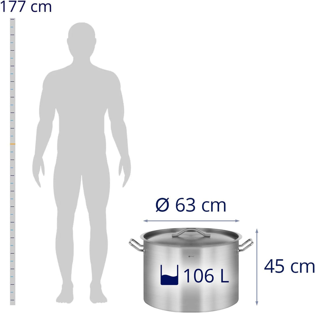 Royal Catering Kochtopf gross 106 L / 60 cm Innendurchmesser Edelstahl für alle Herdarten mit Deckel