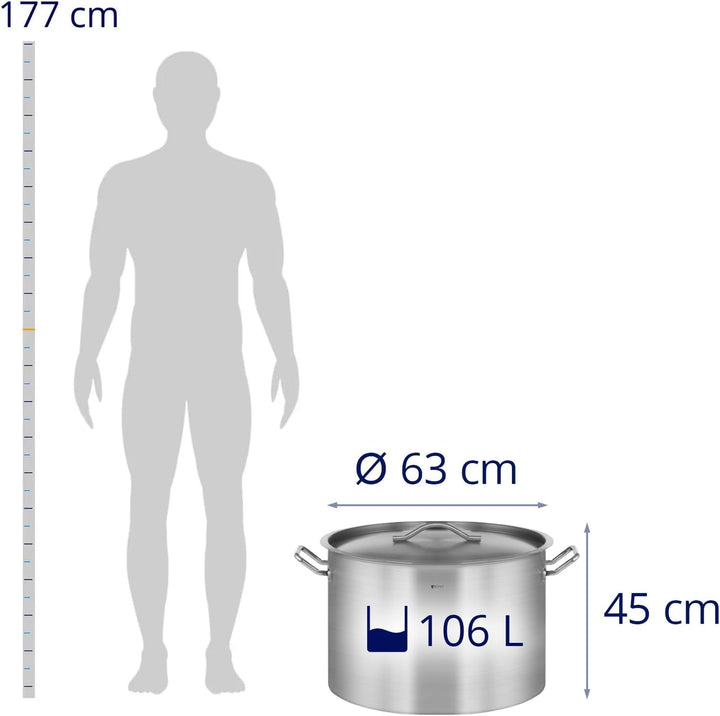 Royal Catering Kochtopf gross 106 L / 60 cm Innendurchmesser Edelstahl für alle Herdarten mit Deckel