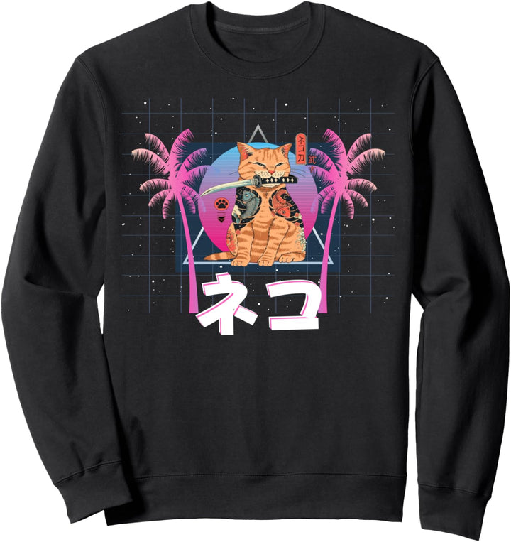 Japanische Samurai Ninja Katze Neko Vaporwave Anime Ästhetik Sweatshirt
