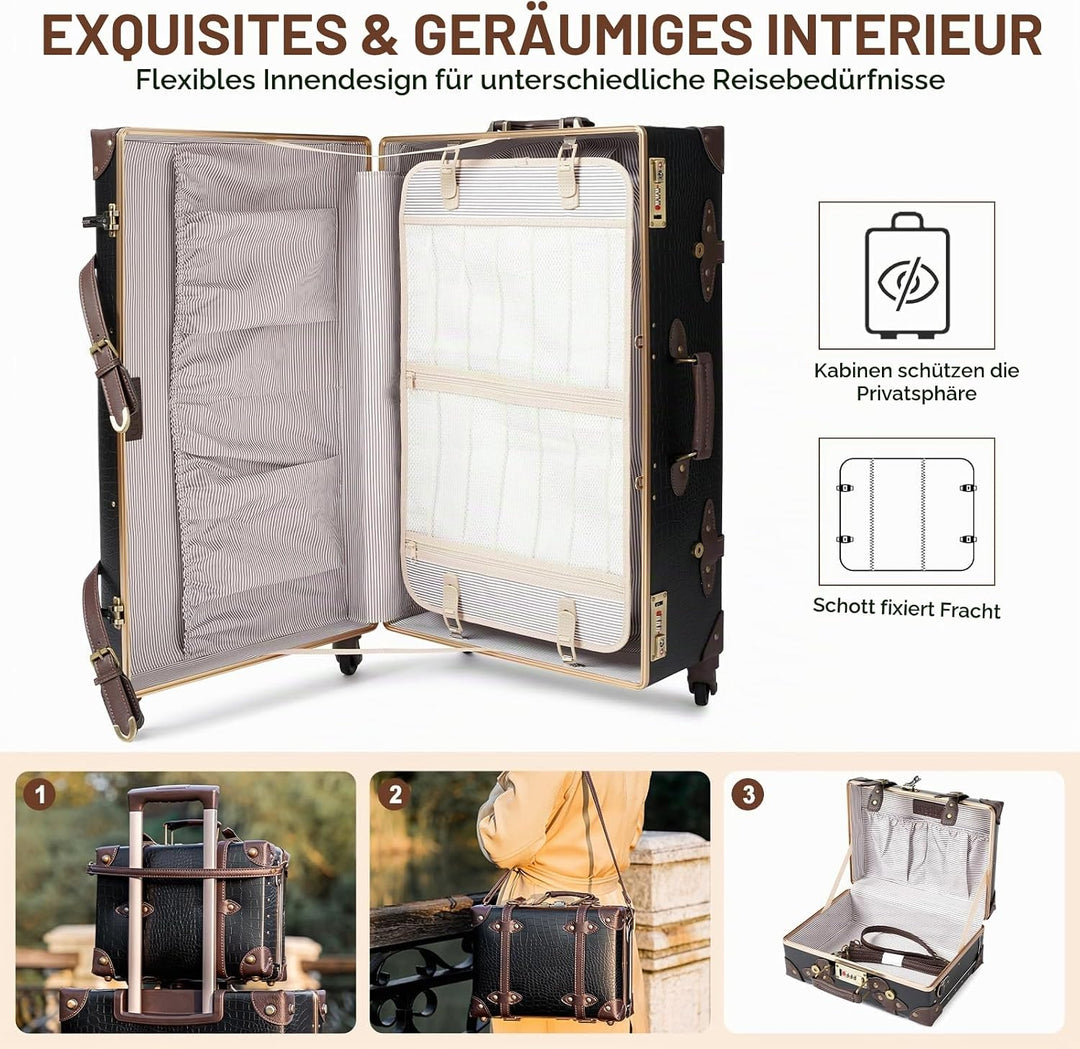 Urecity Koffer Vintage mit 4 Rollen Trolley Koffer Reisekoffer Leicht Retro Hartschalen Koffer 2-Tei