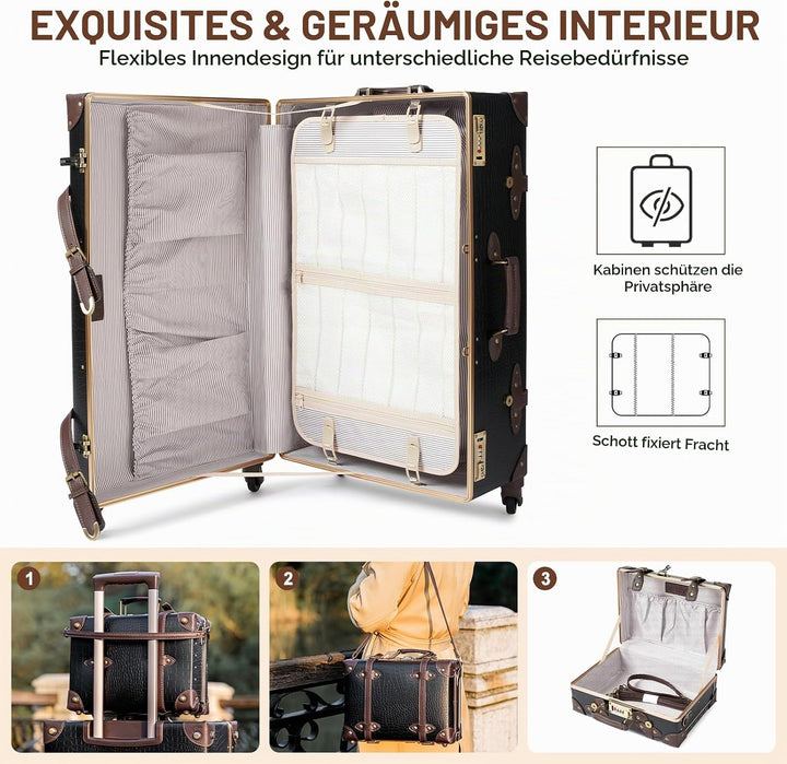 Urecity Koffer Vintage mit 4 Rollen Trolley Koffer Reisekoffer Leicht Retro Hartschalen Koffer 2-Tei