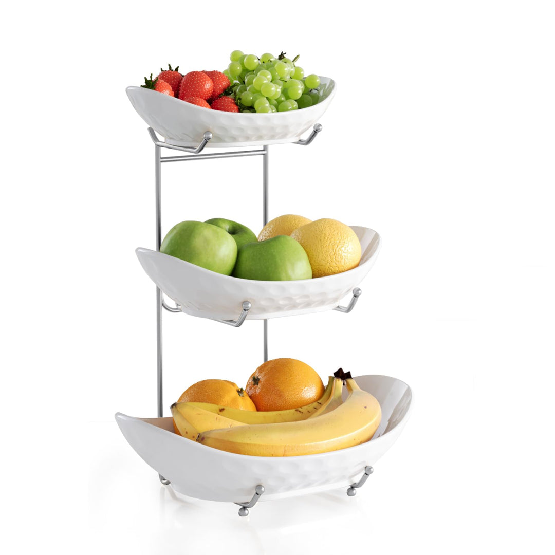 Obstschale, 3 Etagen Keramik Obstkorb, 3 Etagen Servierständer Servierschale mit Metallgestell, Porz