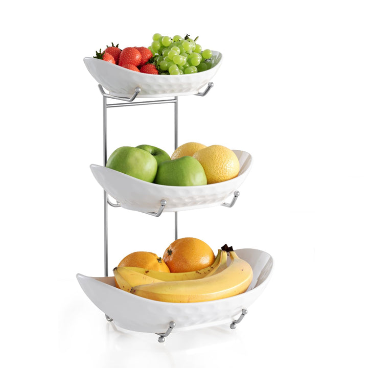 Obstschale, 3 Etagen Keramik Obstkorb, 3 Etagen Servierständer Servierschale mit Metallgestell, Porz