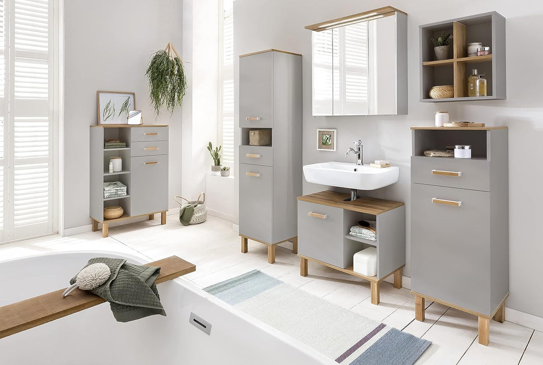 Schildmeyer Padua Waschbeckenunterschrank 148823, Platingrau/Eiche Landhaus Dekor, 65,2 x 35,0 x 60,