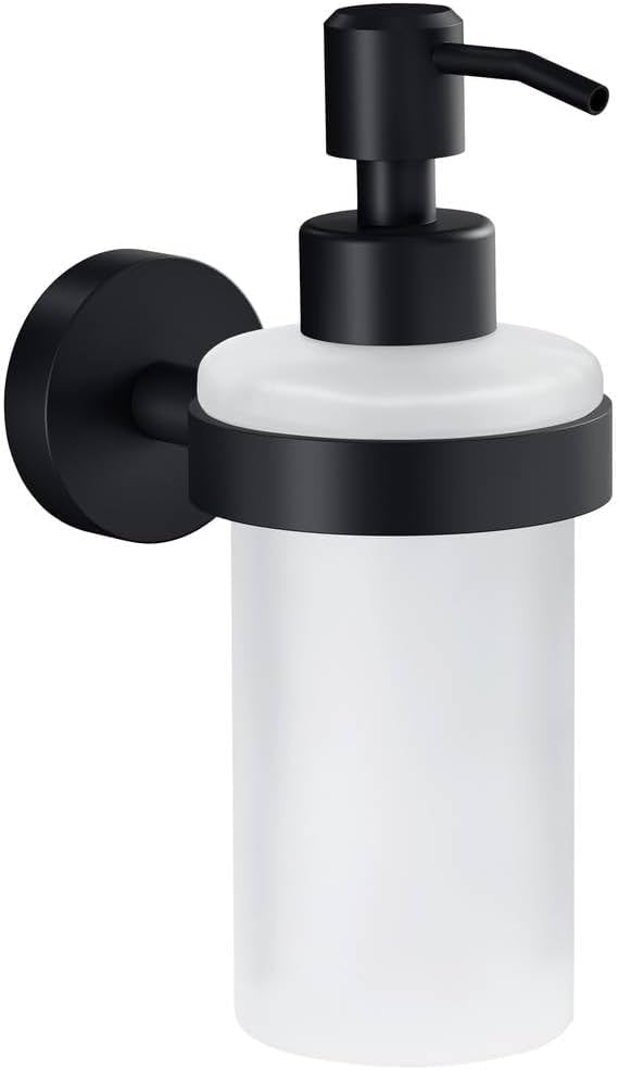 tesa Moon Black Seifenspender, matt schwarz, Pumpspender aus satiniertem Glas, 200 ml - für Bäder im
