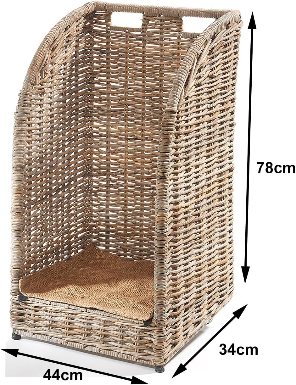 Kobolo Kaminholzwagen aus Rattan, Kubu Grey mit Leinenstoff, 44x34x 78 cm, robuste & stilvolle Holza