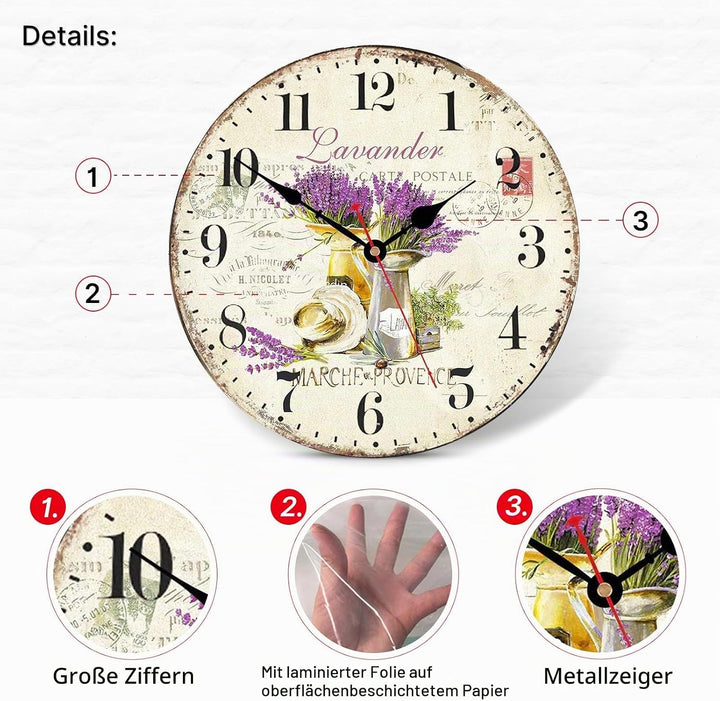 TAHEAT 30 cm Lila Lavendel Blume Wanduhr, Holz Rustikale Vintage Uhren, Leise Ohne Tickgeräusche Lan