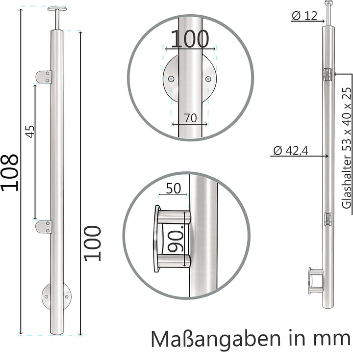 Edelstahl Geländerpfosten Mittel- oder Endpfosten mit Glashalter und Handlauf-Träger - 42,4mm - Wang
