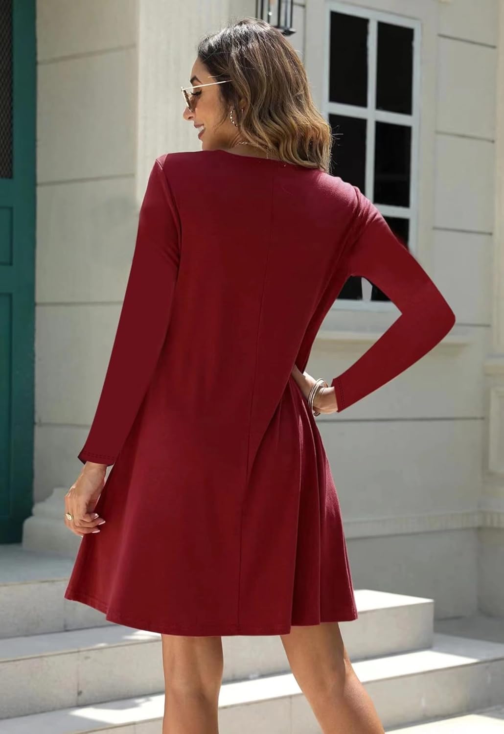 RosyWing Kleid Damen Langarm V-Ausschnitt Einfarbig Knielang Freizeitkleid Knopfleiste A-Linien Midi