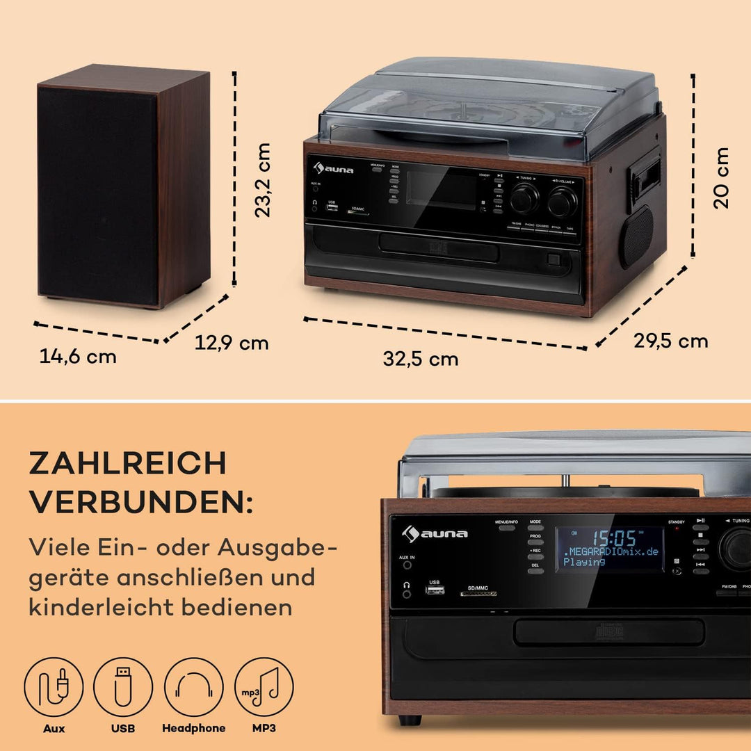 Auna Plattenspieler für Schallplatten, Plattenspieler mit Lautsprecher, CD-Player, USB & DAB Radio,