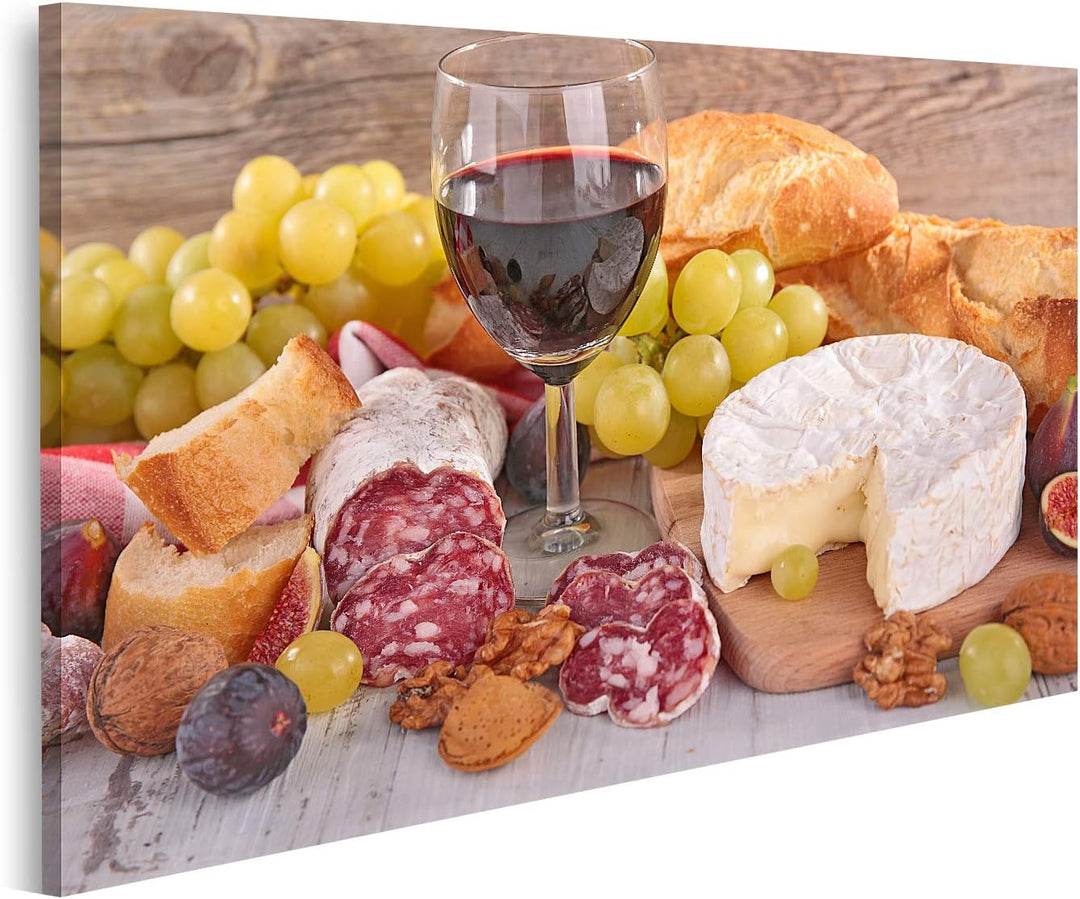 islandburner Bild auf Leinwand Wein Käse Wurst Und Brot Bilder Wandbilder Poster Leinwand 100x57cm,