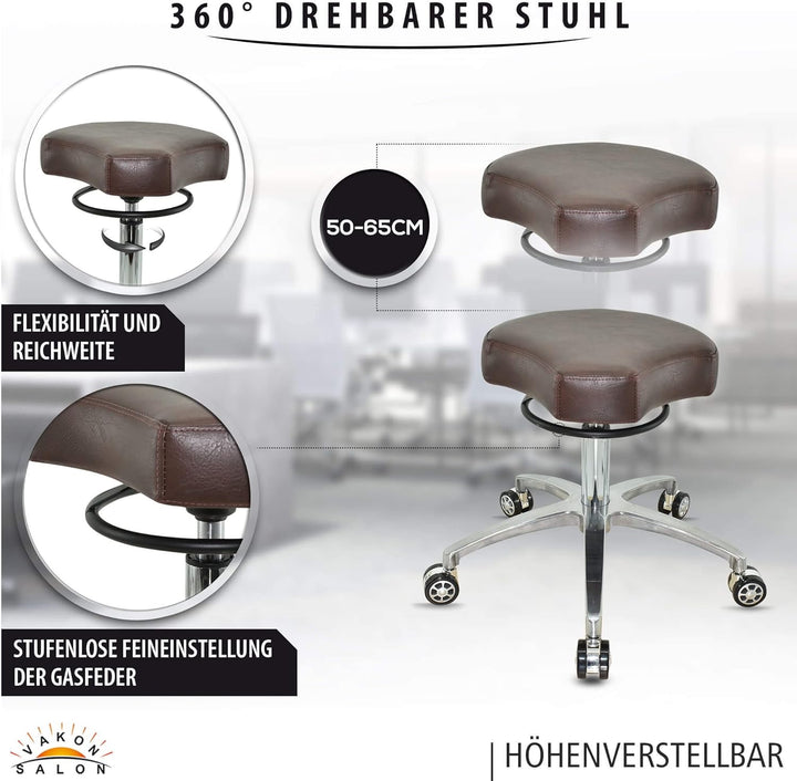 VAKON SALON - Ergonommischer Rollhocker auf hochwertigen Rollen Braun - Höhenverstellbarer von 50 bi