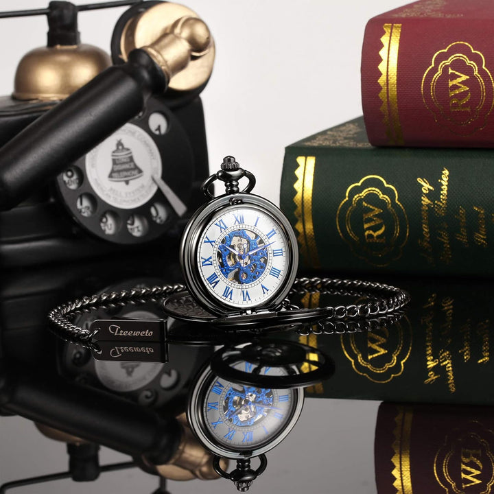 TREEWETO Unisex Taschenuhr mit Kette Analog Mechanisch Handaufzug Doppelscharnier Ruder Skelett Für