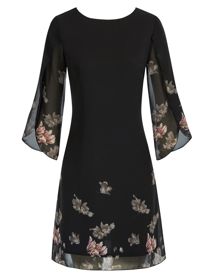 GRACE KARIN Damen Kleid Elegant Chiffon Kleid 3/4 Ärmel Loose Abend Cocktailkleid S Schwarz-rosa, S
