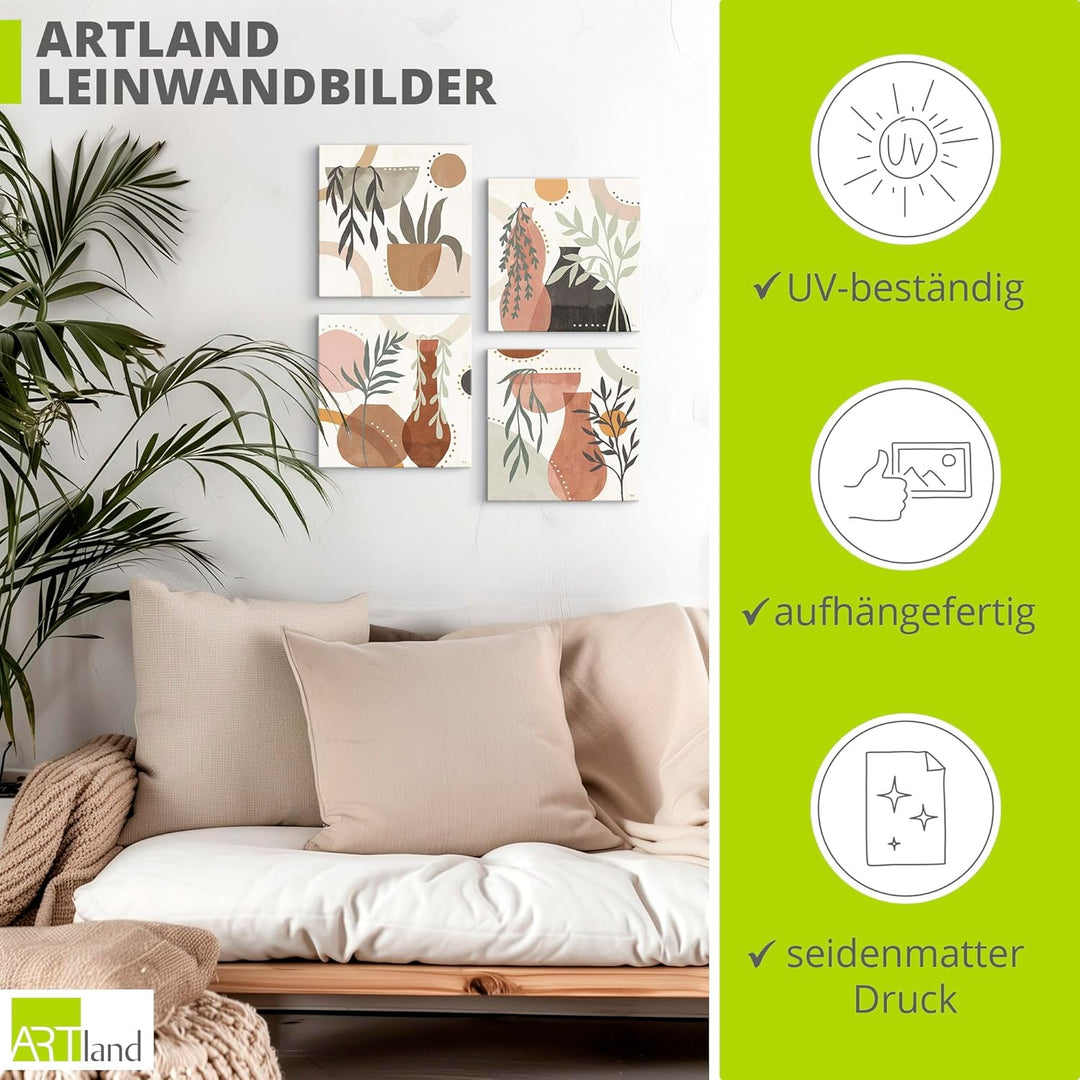 ARTLAND Wanddeko Leinwand Bilder Set 4tlg. je 40x40 cm skandinavische deko Flower Market Vasen Pflan