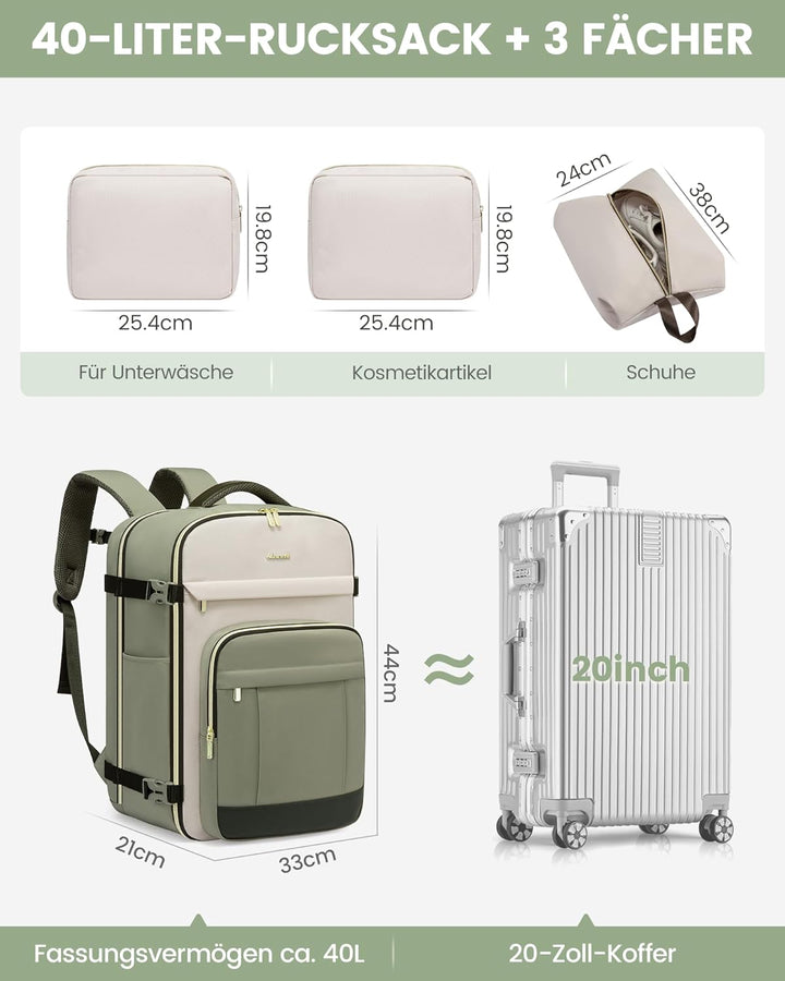 LOVEVOOK Rucksack Handgepäck Flugzeug, 40L Gross Reiserucksack Damen, Wasserdicht Travel Backpack fü