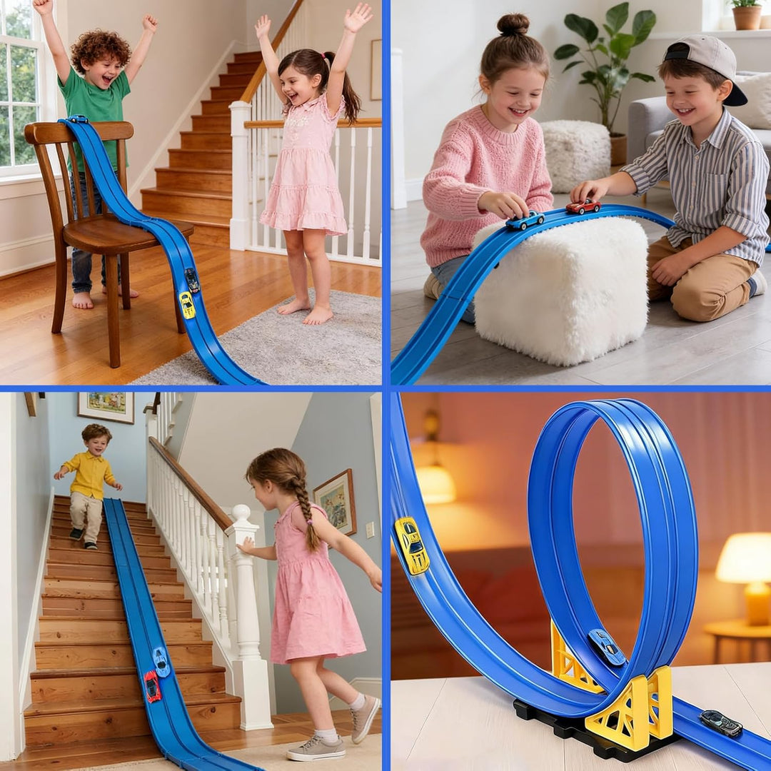 Flexible Autorennbahn Kinder 3 4 5 6 Jahre, 4.5 Meter Rennbahn Rennstrecke Auto Spielzeug mit 4 Spie