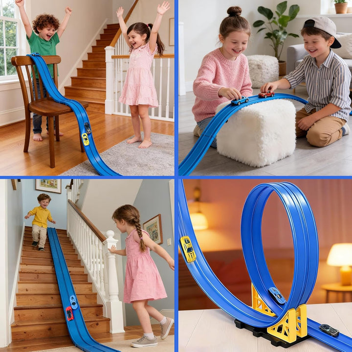 Flexible Autorennbahn Kinder 3 4 5 6 Jahre, 4.5 Meter Rennbahn Rennstrecke Auto Spielzeug mit 4 Spie