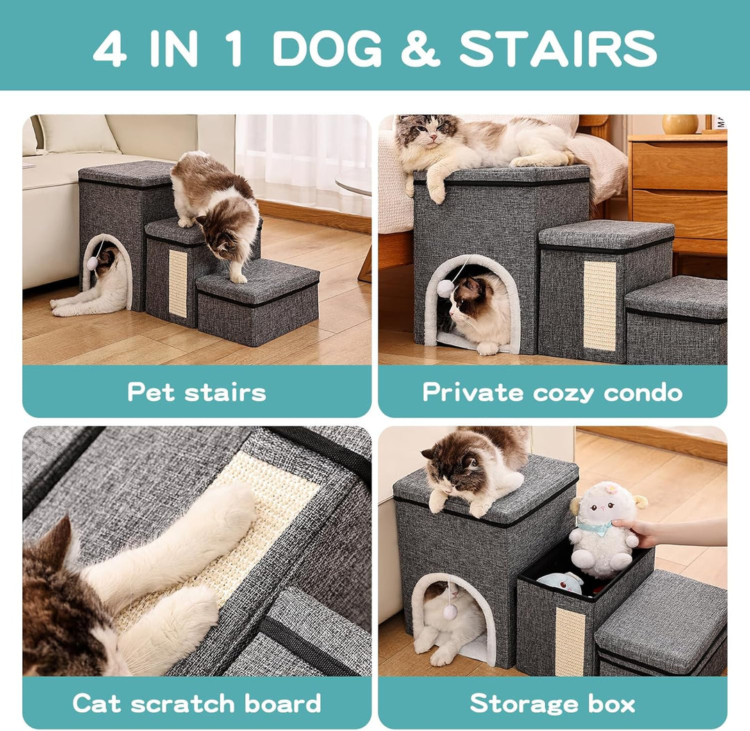 4 in 1 Faltbare Hundetreppe für Bett &amp; Sofa, 3 Stufen Haustierleiter mit Aufbewahrungsboxen, Katzenh