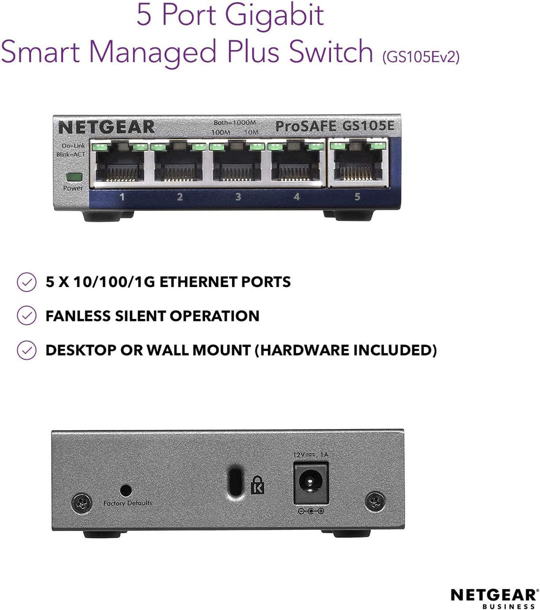 Netgear GS105E-200UKS ProSAFE Plus 5 Port Gigabit Ethernet Switch 5 Port verwaltet, 5 Port verwaltet