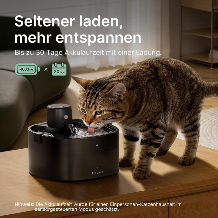 2,3L Katzenbrunnen Kabellos Batteriebetrieben, Schwarz | 4000mAh-Akku, Bewegungsmelder, Ultraleise P