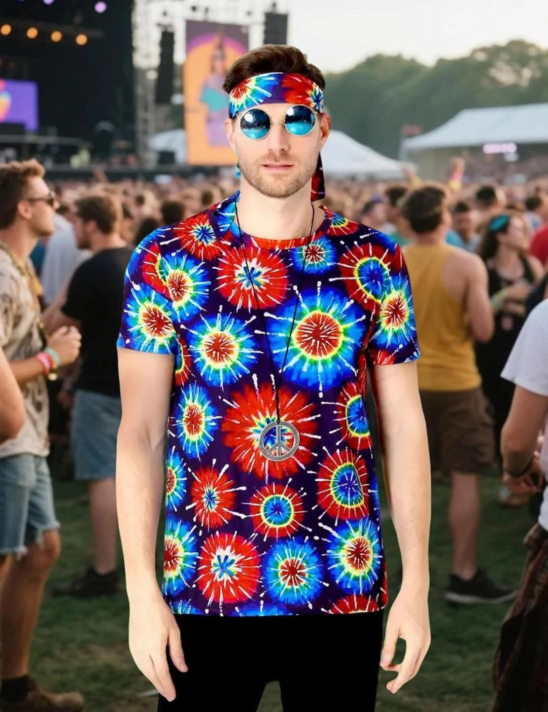 Herren 60er 70er Jahre Groovy Hippie Kostüm T-Shirts mit Stirnbänder M Mehrfarbig, M Mehrfarbig