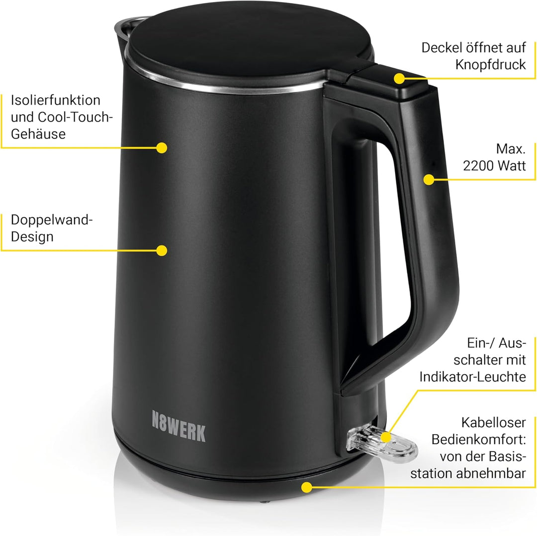 N8WERK Wasserkocher mit Doppelwand-Design in der Midnight Black Edition | Fassungsvermögen 1,5 Liter