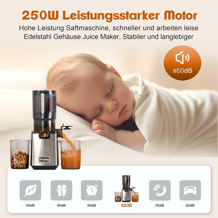 Fretta Slow Juicer Entsafter Gemüse und Obst Testsieger, 250W Edelstahl Saftpresse Elektrisch Obstpr