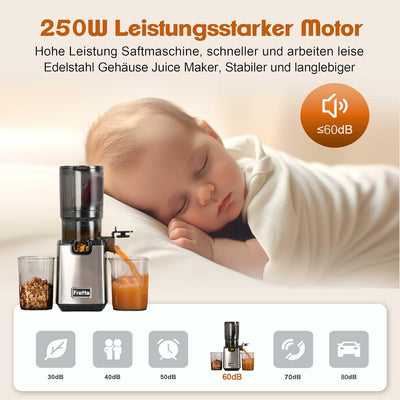 Fretta Slow Juicer Entsafter Gemüse und Obst Testsieger, 250W Edelstahl Saftpresse Elektrisch Obstpr