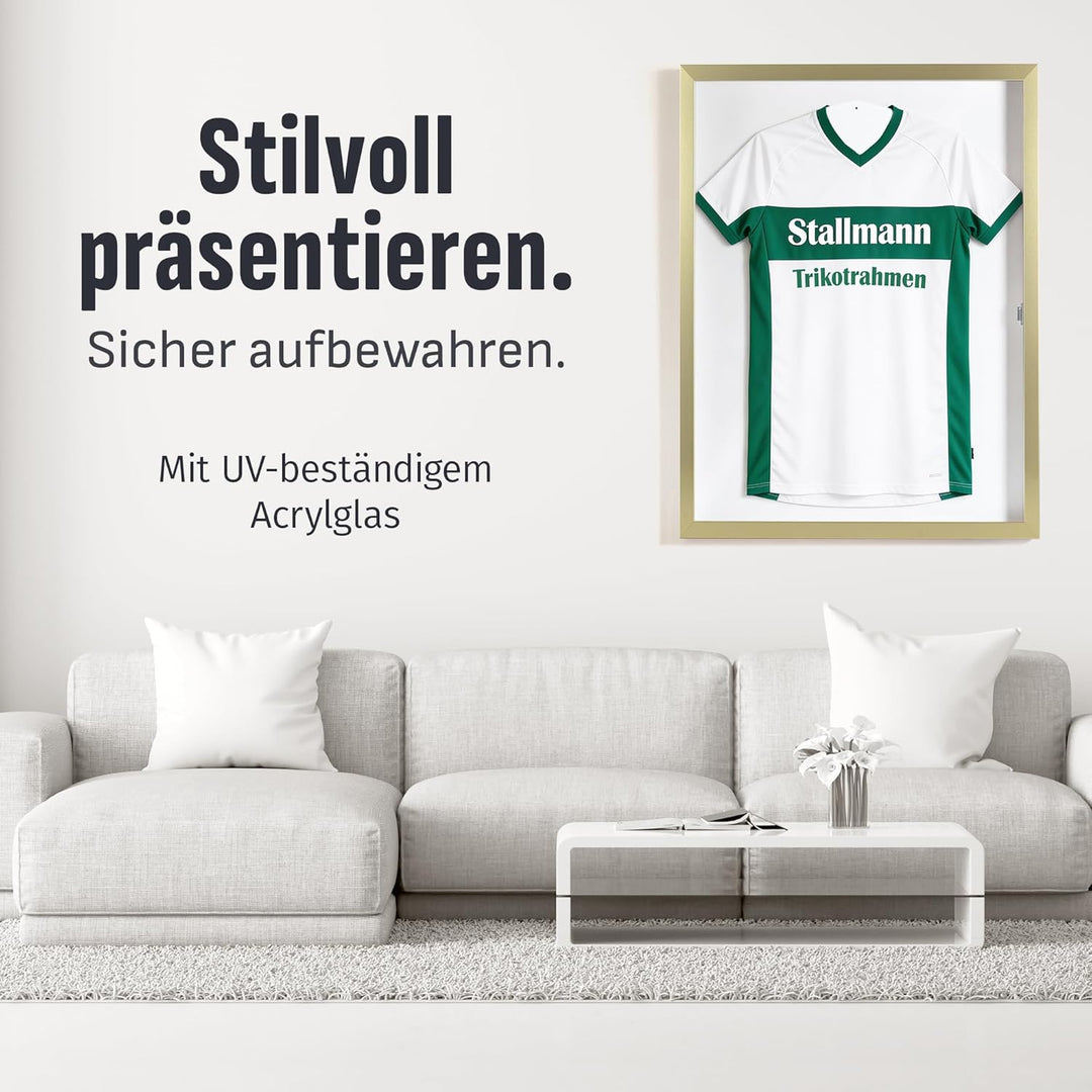 Trikotrahmen 'Easy Click & Fill' mit Tür | Rahmen-Farbe: Gold | Hintergrund: Weiss | Grösse: 70 x 90