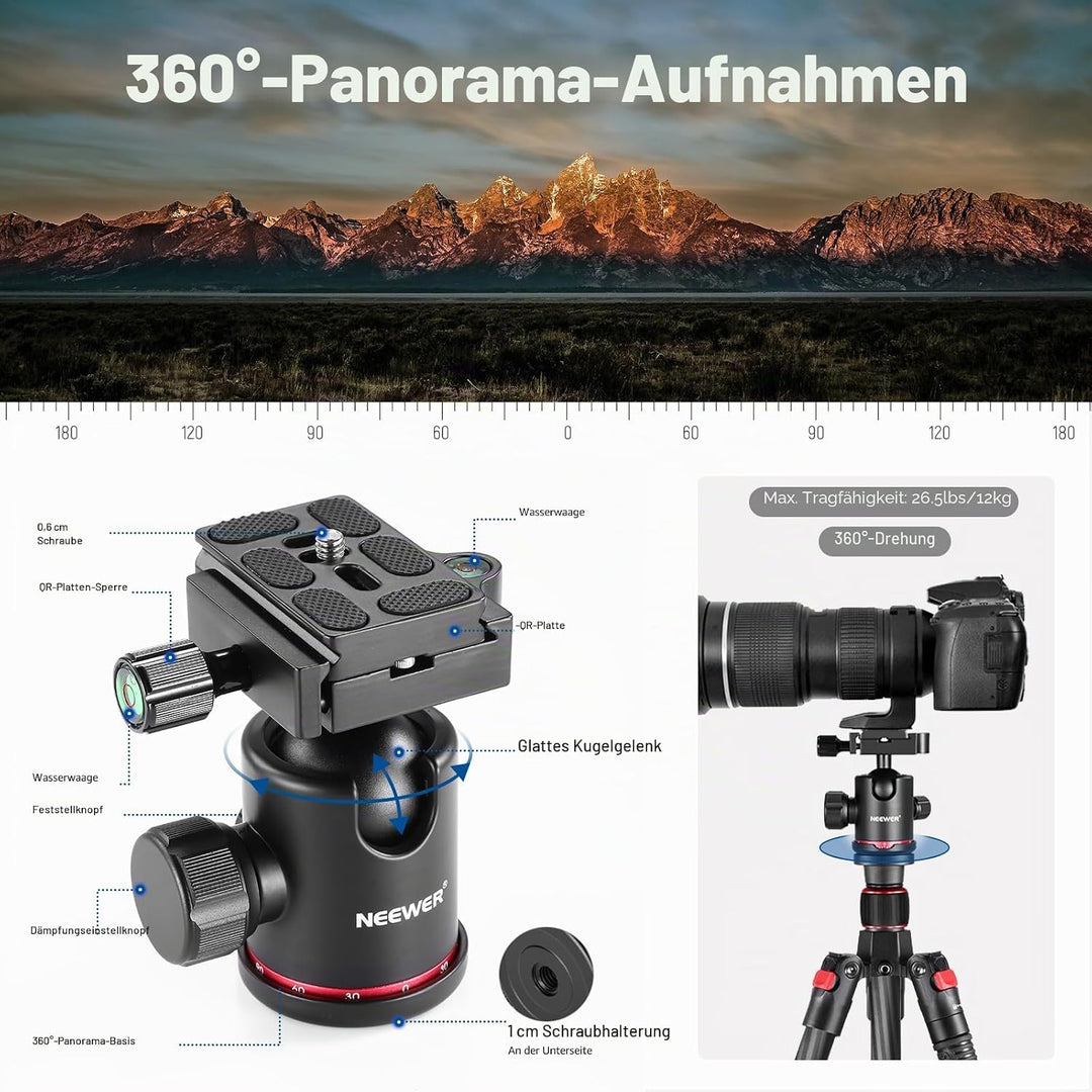Neewer Kohlefaser 168 Zentimeter Stativ Einbeinstativ mit 360 Grad Kugelkopf, 1/4&